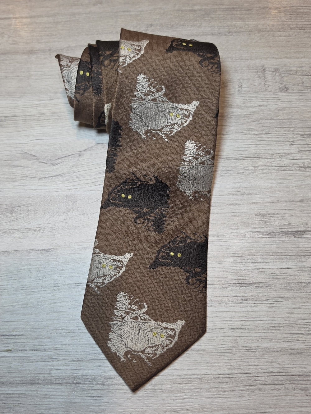 Vintage Wemlon by Wembley Necktie Halloween Cat Print Brown Gray Black 54in